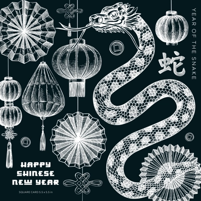 Chinese New Year greeting card. Fantasy snake chalk drawing. Lunar New Year 2025 square design. Hand-drawn vector illustration. Not AI generated